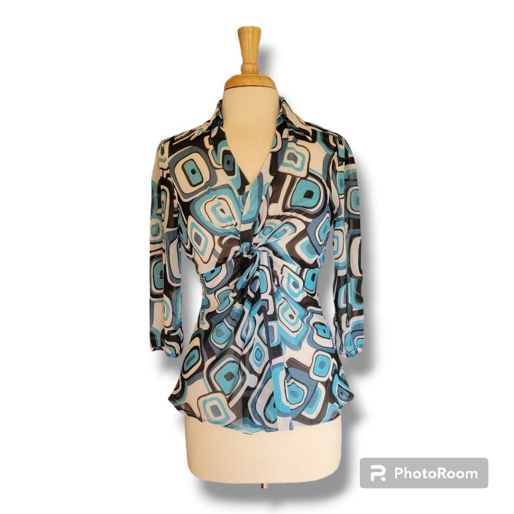 Essentials by Milano Sheer Turquoise/White Cross Over V-Neck Blouse. Size M